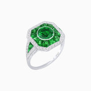 Art Deco Inspired Round Center Octagonal Calibré-Cut Halo Engagement Ring - Shahin Jewelry